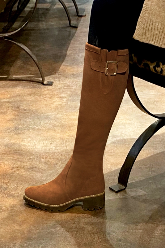 Caramel brown women's knee-high boots with buckles.. Made to measure. Profile view - Florence KOOIJMAN